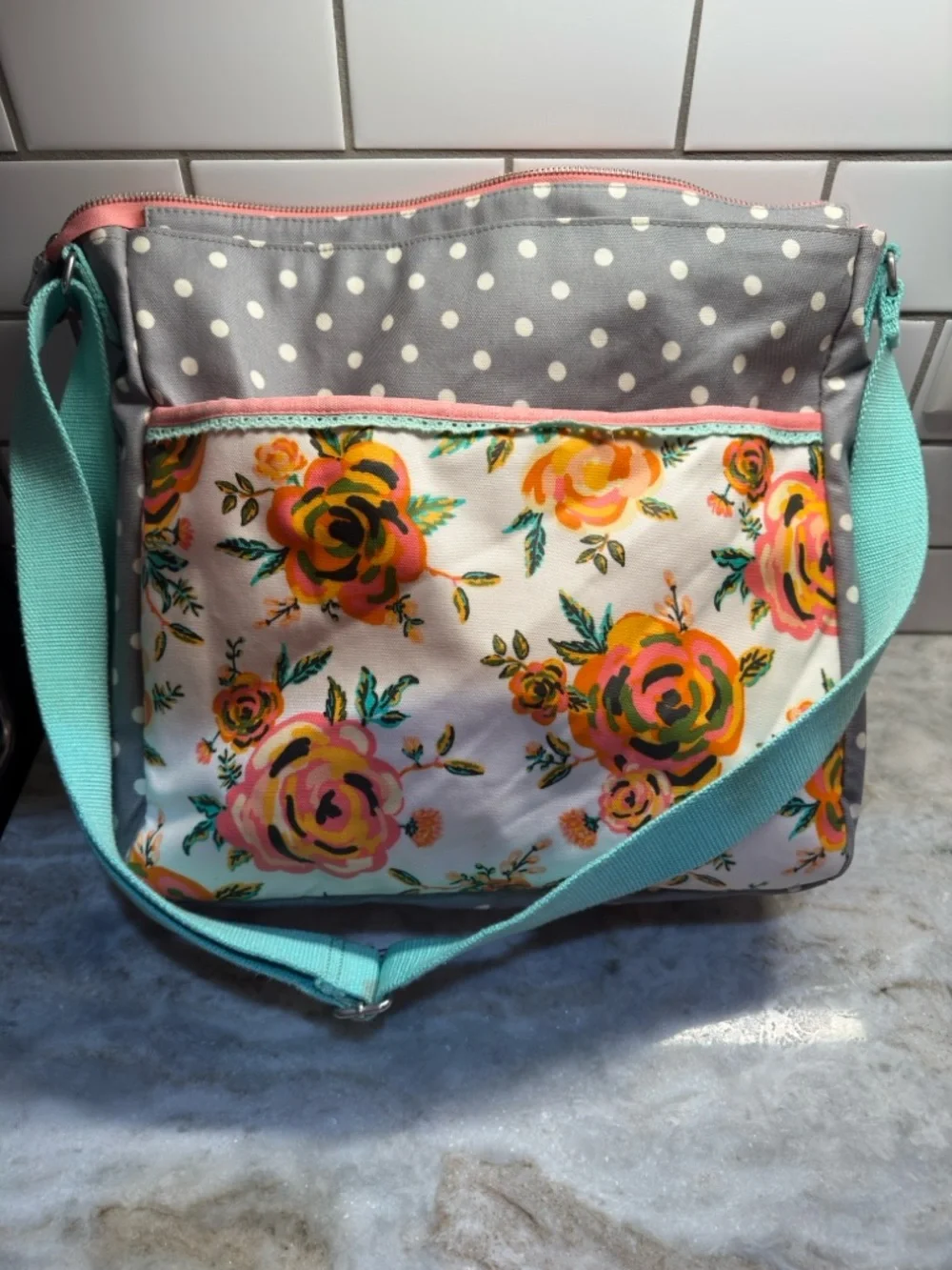 Matilda Jane Gray Polka Dot & Floral Crossbody with Pink Trim and Mint Strap